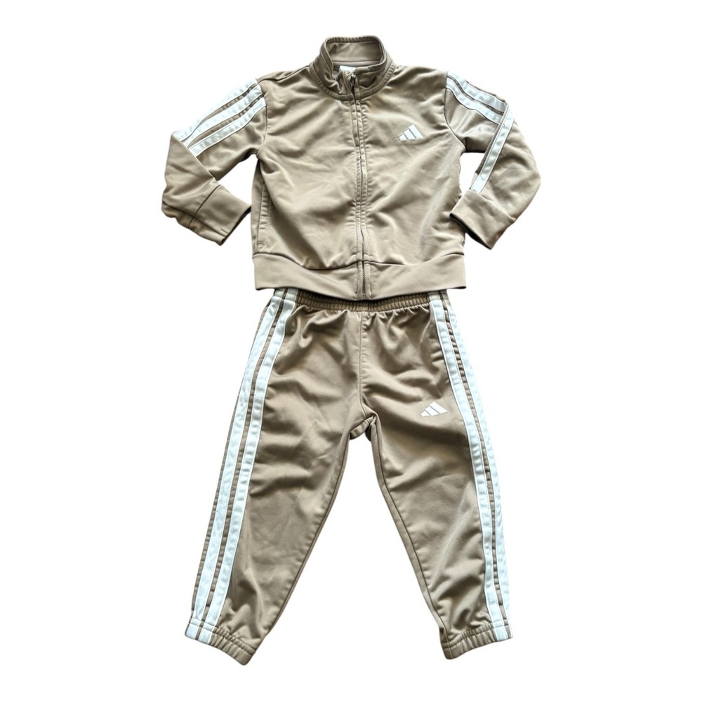 Adidas Kids 2T Tan Khaki Tracksuit Set Full Zip Jacket and Pants 3-Stripe